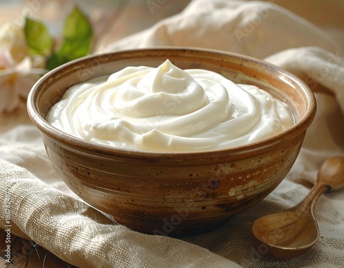 A close-up shows a swirl of thick, creamy white product in a rustic brown bowl, next to a wooden spoon on a draped beige cloth