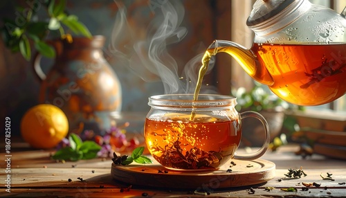 A close-up shows tea being poured from a glass teapot into a clear mug. Steam rises, with a lemon and flowers nearby