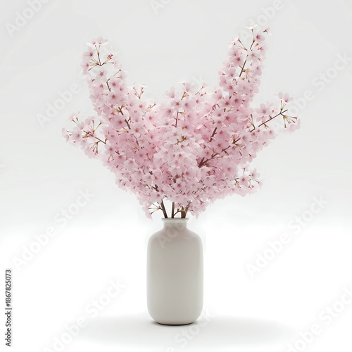 Beautiful Pink Cherry Blossom Branches in White Ceramic Vase with Minimalist Background, japan tree decoration