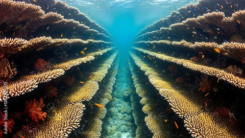 Vibrant coral reef underwater landscape formation.