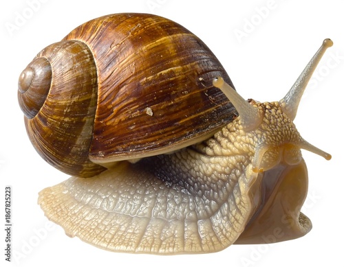 A close-up side view of a large snail with a spiraled shell and a textured body, isolated against a white background