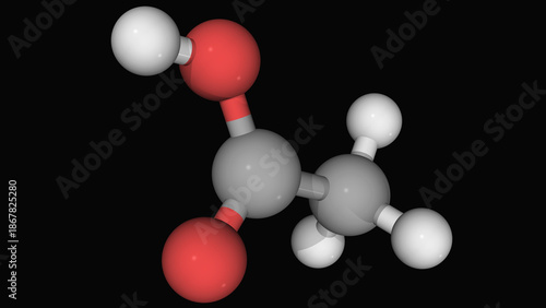 structural formula of acetic acid, molecular shape isolated on black background