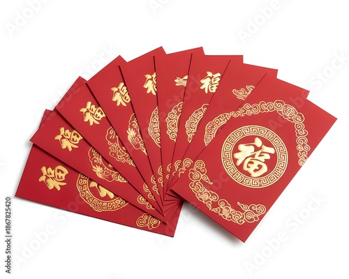 Fan Spread of Multiple Red Envelopes with Gold Embossed Patterns for Chinese Lunar New Year. traditional chinese fan