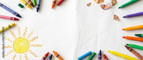 Top view flat lay of colorful crayons and markers on white paper background with hand drawn sun representing art education