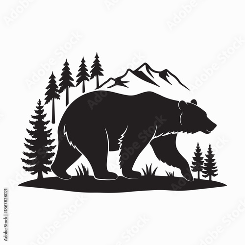 A stylized black silhouette of a powerful walking Grizzly bear on a white background.