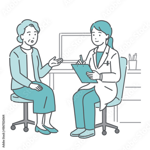 問診をする女性医師と高齢女性の患者（白衣・診察室）