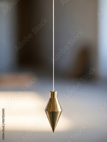 Golden pendulum suspended against blurred neutral interior background