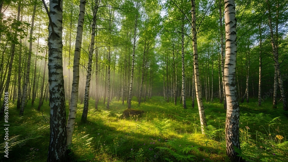 Obraz premium Sunlight filtering through forest trees landscape.