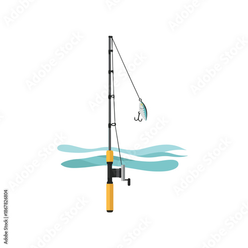 Fishing rod with hook on water waves.