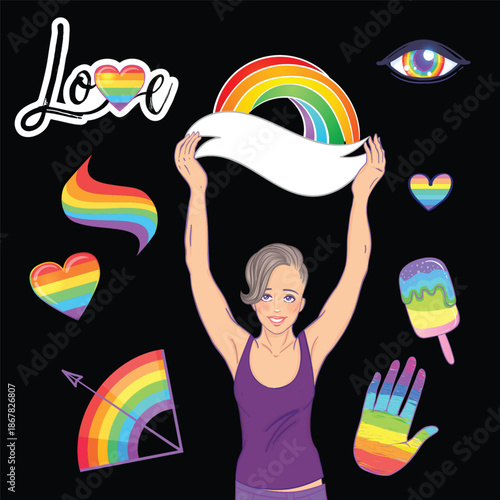 Rainbow colored icon. Gay Pride. LGBT concept. Realistic style vector colorful illustration isolated on black. Sticker, patch, t-shirt print, logo design..