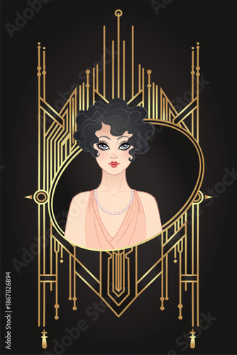 Art Deco vintage invitation template design with illustration of flapper girl...