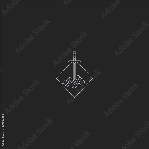 Sword and mountain line art logo symbolizing courage and great challenges.