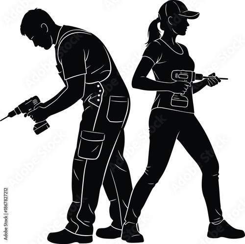Male and female workers using power tools silhouettes, black vector illustration of construction teamwork, skilled labor and home improvement industry concept
