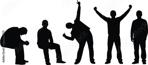 Male emotional expression silhouettes set, black vector illustration showing frustration, relaxation, celebration and confidence poses, human behavior and mood concept