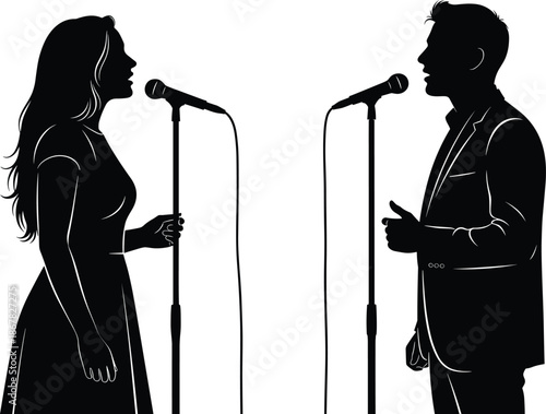 Male and female singers duet silhouette performing with microphones, vocal performance concept, music concert scene, black and white vector illustration