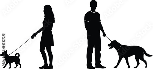Man and woman walking dogs silhouette vector illustration, pet owners with leashed dogs, outdoor walking scene, black and white people animal concept