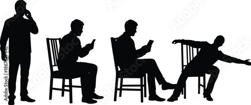Man sitting and standing silhouettes using smartphone, black vector illustration of modern mobile phone addiction, everyday technology behavior concept, isolated on white background