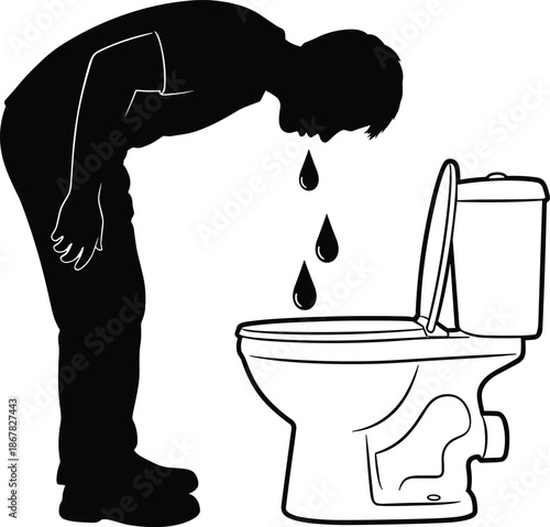 Man vomiting into toilet silhouette, illness nausea concept, food poisoning or hangover symptom, medical health problem illustration, black and white vector