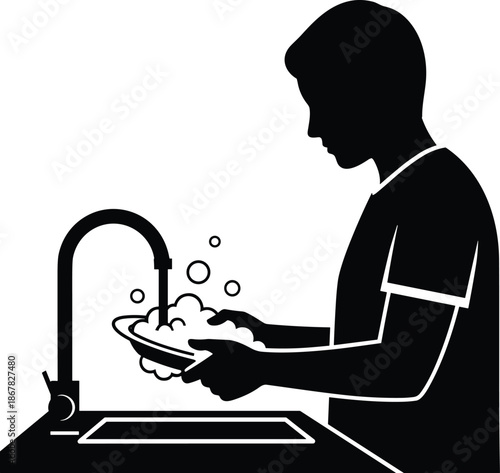 Man washing dishes silhouette vector illustration, kitchen hygiene concept with running water and soap bubbles, household cleaning activity isolated on white background