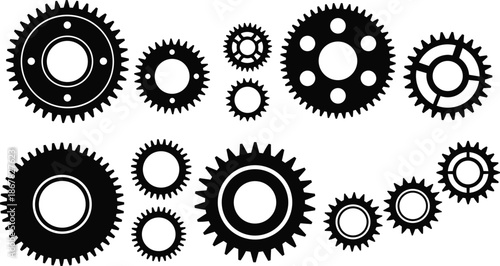 Mechanical gears silhouette vector illustration set, industrial cogwheels and machine parts collection, engineering technology concept isolated on white background