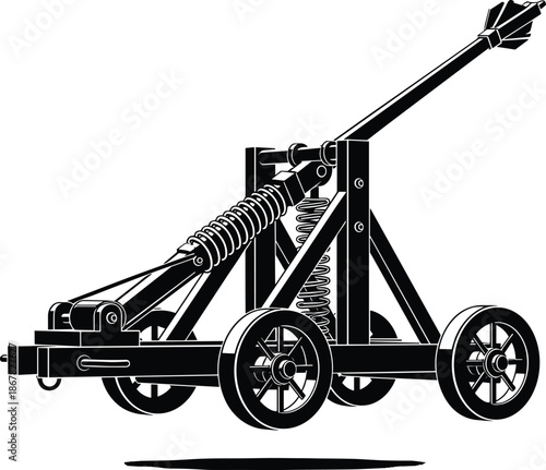 Medieval catapult siege weapon illustration, ancient war machine on wheels with springs and throwing arm, black and white historical vector artwork