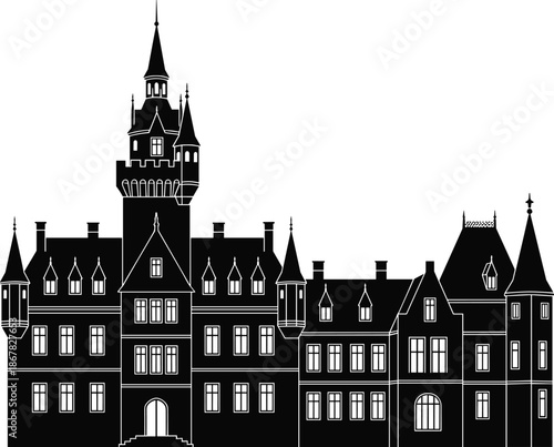 Medieval gothic castle silhouette with towers and spires, historic European architecture landmark, fantasy palace skyline, black and white vector illustration design