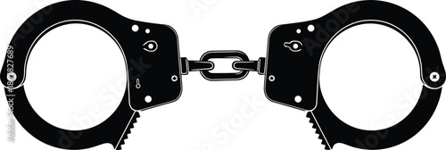 Metal handcuffs silhouette illustration, law enforcement restraint symbol, crime justice concept, arrest and detention equipment, police security icon, isolated black vector design