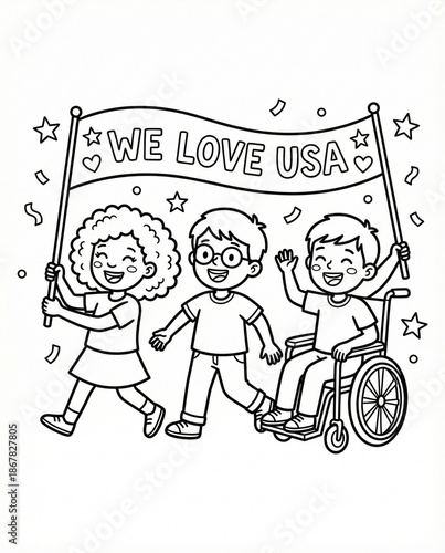 Patriotic Coloring Page: Diverse and Inclusive Children in a USA Parade with Wheelchair