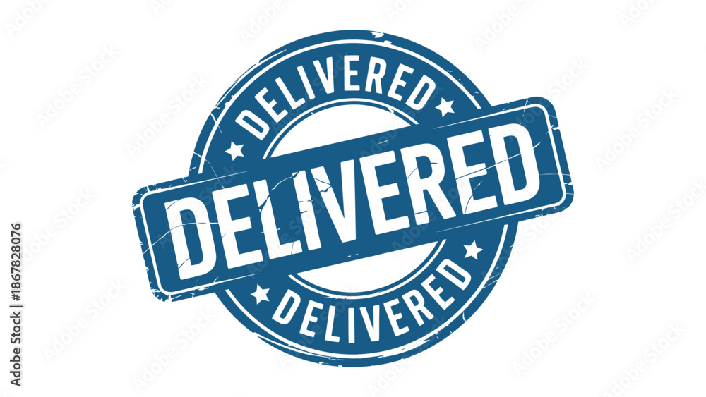Obraz premium Delivered stamp mark with distressed texture and white lettering on blue background with delivery