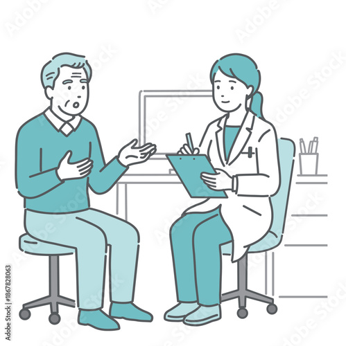 問診をする女性医師と高齢男性の患者（白衣・診察室）