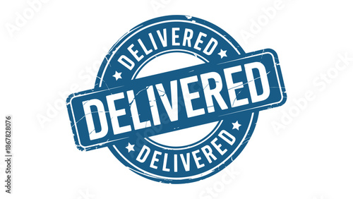 Delivered stamp mark with distressed texture and white lettering on blue background with delivery