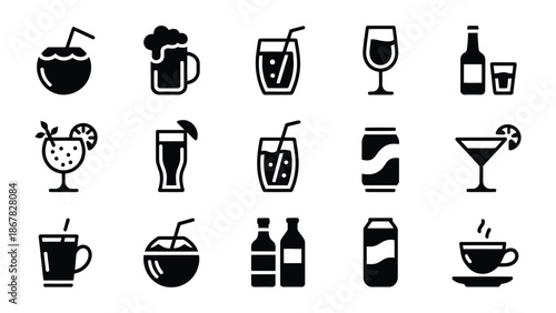 Collection of black icons depicting various types of drinks on white background for design use