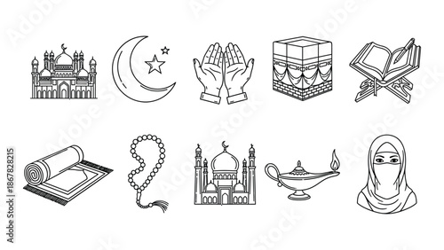 Islamic symbols and objects including mosque crescent moon prayer beads and quran representing muslim faith