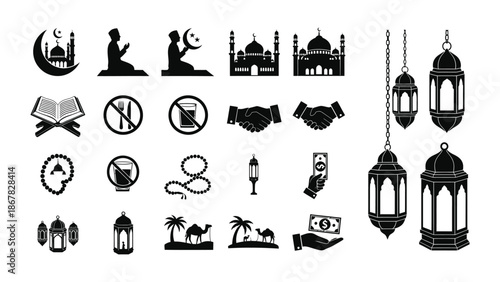 Black and white islamic symbols and icons including mosques lanterns and ramadan elements on white background