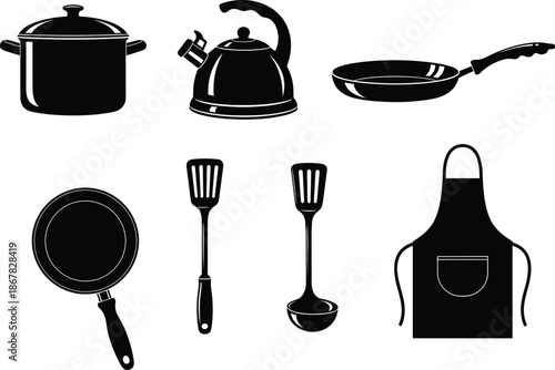 Kitchen utensil silhouettes collection, pot, kettle, frying pan, spatula, ladle, apron, black cooking equipment vector illustration, kitchenware design isolated on white
