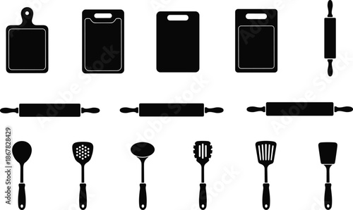 Kitchen utensils silhouettes collection, cutting boards rolling pins and cooking tools set, culinary equipment vector illustration, black isolated kitchenware icons design