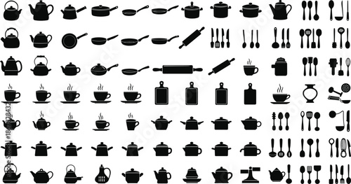 Kitchen utensils silhouettes mega set, cookware pots pans cups and cutlery collection, cooking tools vector illustration, restaurant and home kitchen icons isolated