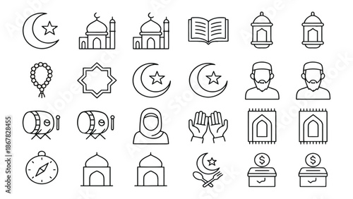 Islamic symbols and icons including mosques crescent moons stars lanterns people prayer beads and food utensils