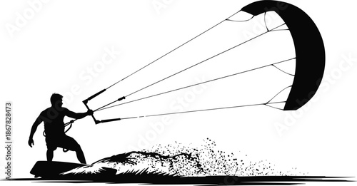 Kitesurfing action silhouette vector illustration, extreme water sport athlete riding waves with power kite, minimalist black white design for adventure, summer, outdoor branding use