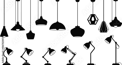 Lamp silhouette set, hanging pendant lights and adjustable desk lamps collection, interior home decoration vector illustration, black and white light fixture icons