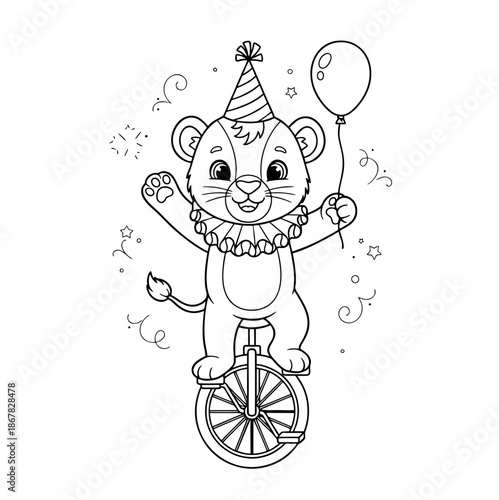 Circus Lion Riding One-Wheel Bike Line Art Illustration