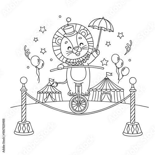 Cute Lion on Unicycle Coloring Page for Kids