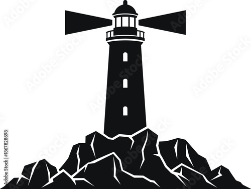 Lighthouse silhouette on rocky cliff, maritime navigation beacon symbol, coastal safety and guidance concept, nautical landmark design, black and white vector illustration