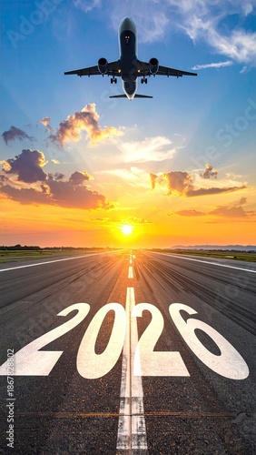 Airplane takes off over 2026 text at sunset
