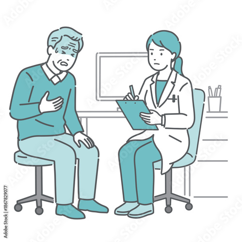 体調不良を訴える高齢男性と女性医師（白衣・問診）