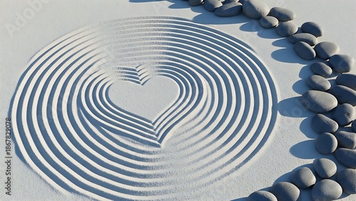 Heart shape raked into white sand with zen garden stones