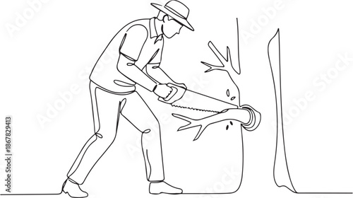 Continuous Line Drawing of a Man Cutting a Tree Branch with a Hand Saw. A gardener, arborist, or lumberjack performing forestry work or pruning