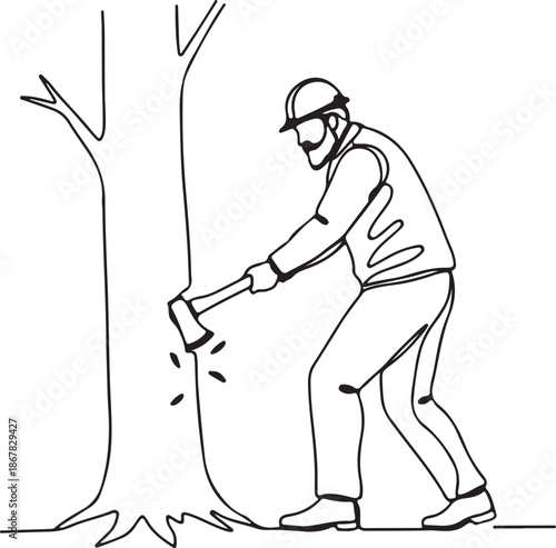 Continuous line drawing of a lumberjack or logger cutting a tree with a chainsaw, depicting forestry work, deforestation, or tree removal in a minimalist illustration style