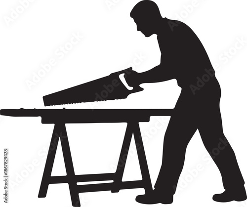 Silhouette of a man sawing a piece of wood on a sawhorse, depicting manual labor, carpentry, or a woodworking project with a hand saw