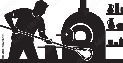 Artisan glassblower shaping hot molten glass with a blowpipe in a workshop, creating unique handmade glassware in a traditional craft studio